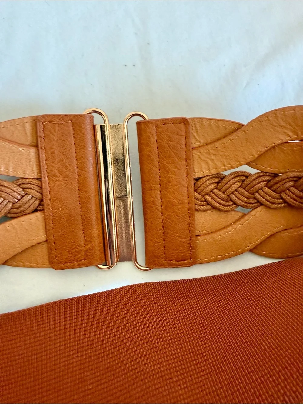 2 Elastic Braided Waist Belts - Tan and White